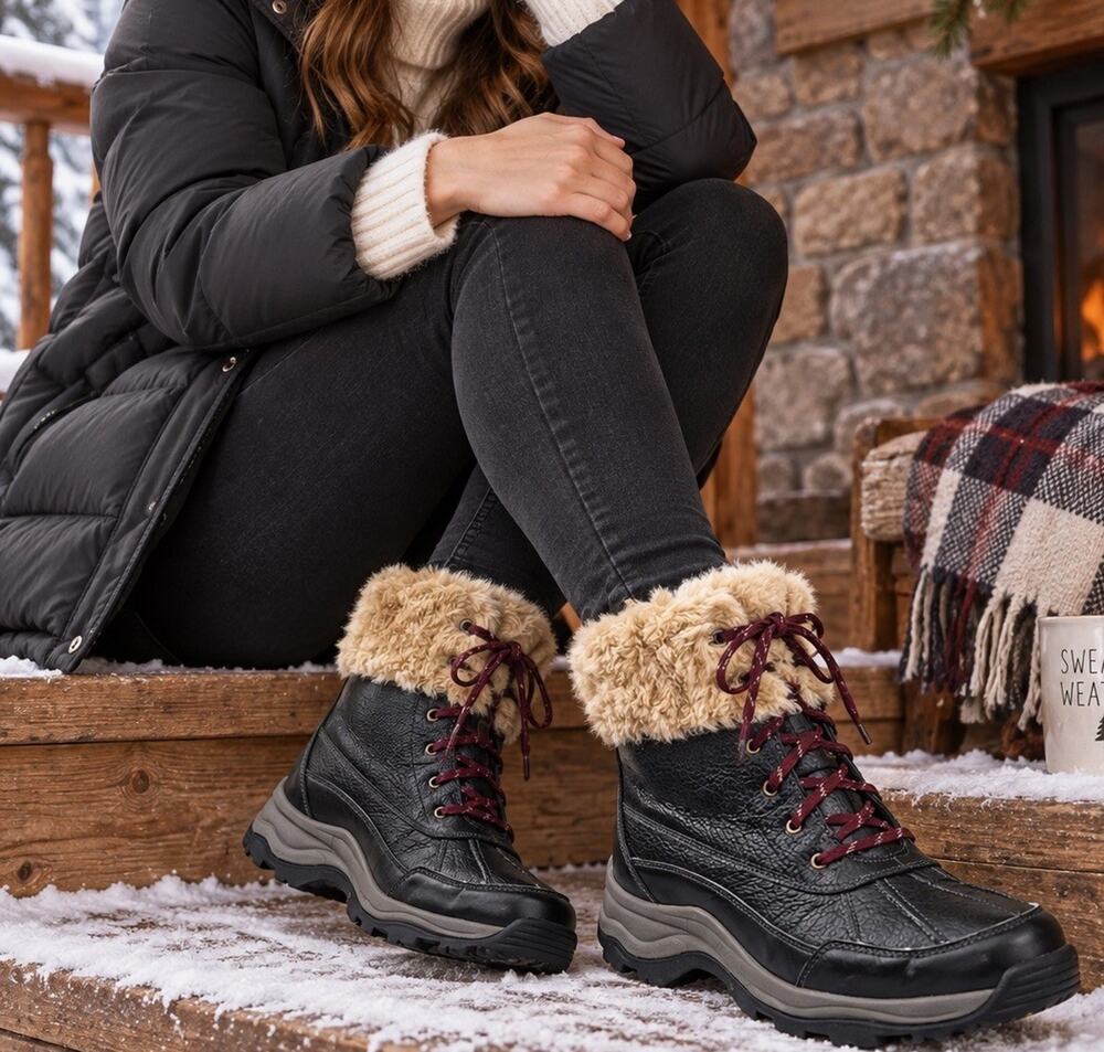 Clarks Women’s 9.5 Black Leather Faux Fur Winter Boots Lace Up 26113400 New